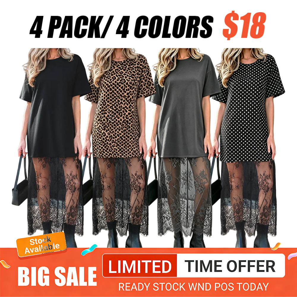 Women's Oversized T-Shirt Maxi Dress with Sheer Lace Hem Drop Shoulder
