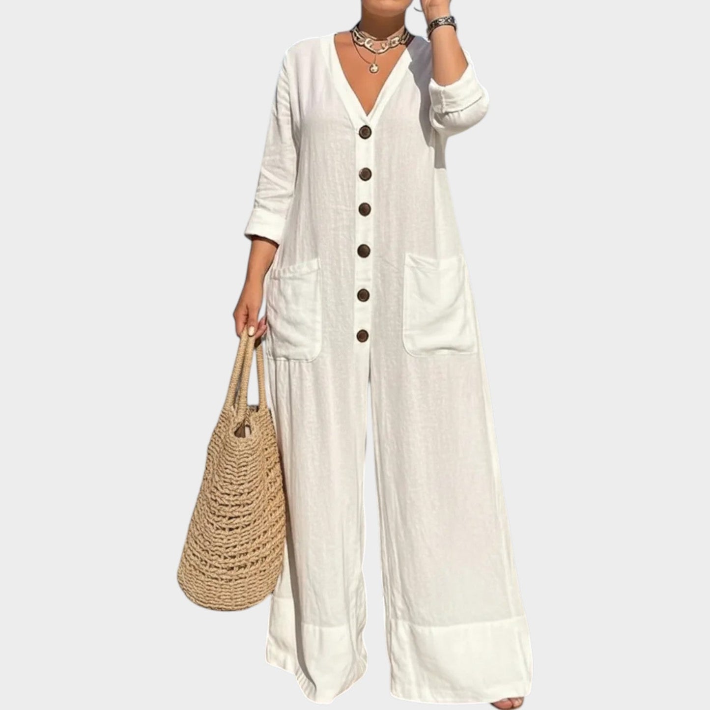 New Arrivals 🔥 Relaxed Button-Front Wide-Leg Jumpsuit