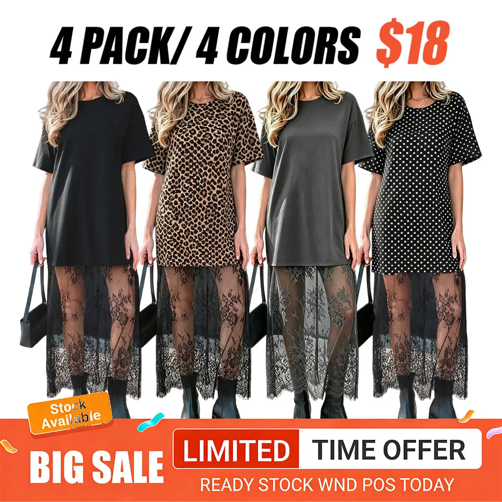 Women's Oversized T-Shirt Maxi Dress with Sheer Lace Hem Drop Shoulder Short Sleeve