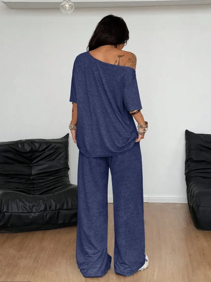Women's Casual Solid Color Sport Two-Piece Set, Loose Long Pants & Wide Leg Slant Neck Pant Suit