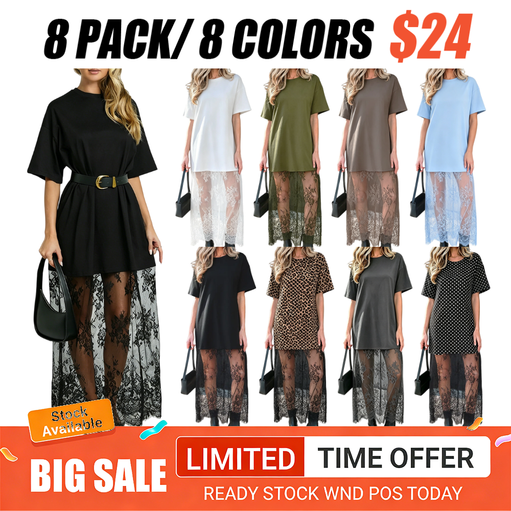 Women's Oversized T-Shirt Maxi Dress with Sheer Lace Hem Drop Shoulder