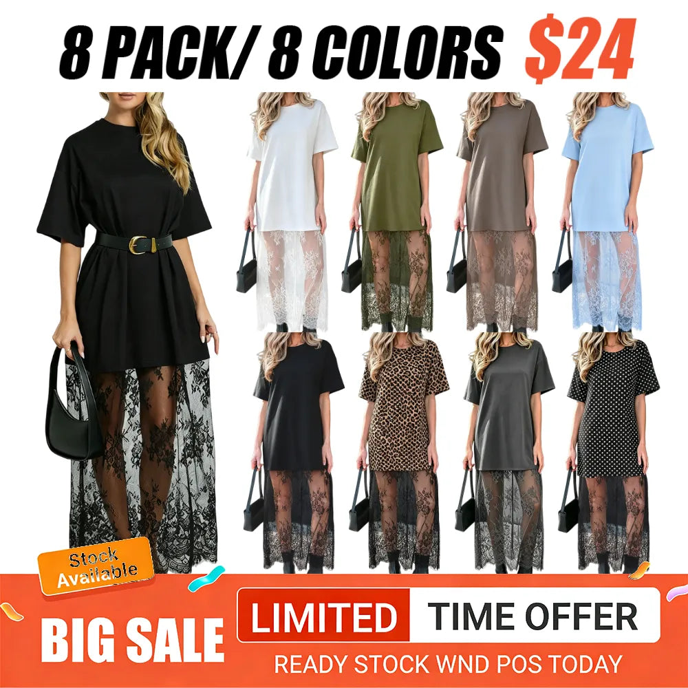 Women's Oversized T-Shirt Maxi Dress with Sheer Lace Hem Drop Shoulder Short Sleeve