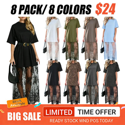 Women's Oversized T-Shirt Maxi Dress with Sheer Lace Hem Drop Shoulder Short Sleeve