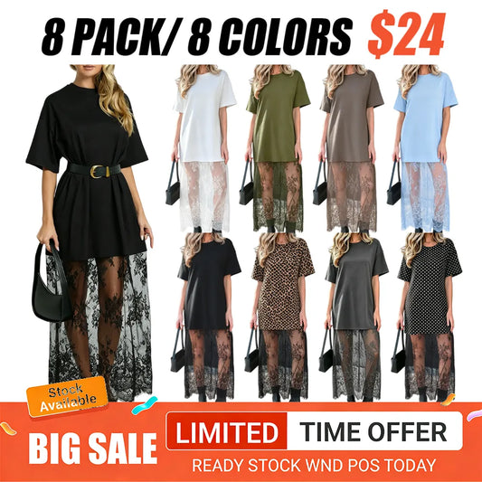 Women's Oversized T-Shirt Maxi Dress with Sheer Lace Hem Drop Shoulder Short Sleeve