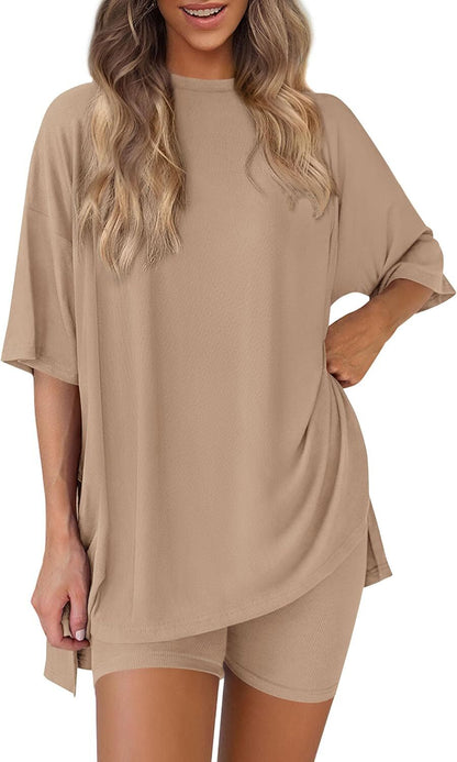 Special Sale❤️Women's Two Piece Lounge Set 2026 Summer Casual Oversized Shirts  Biker Shorts Matching Airport Travel Outfit
