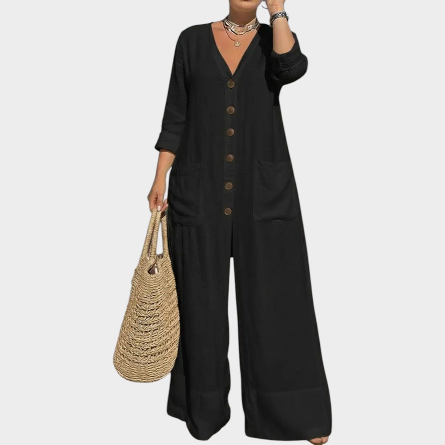 New Arrivals 🔥 Relaxed Button-Front Wide-Leg Jumpsuit