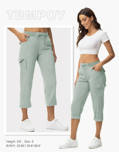 Women's 6-Pocket Cargo Capris Lightweight Quick Dry Cotton Hiking Pants
