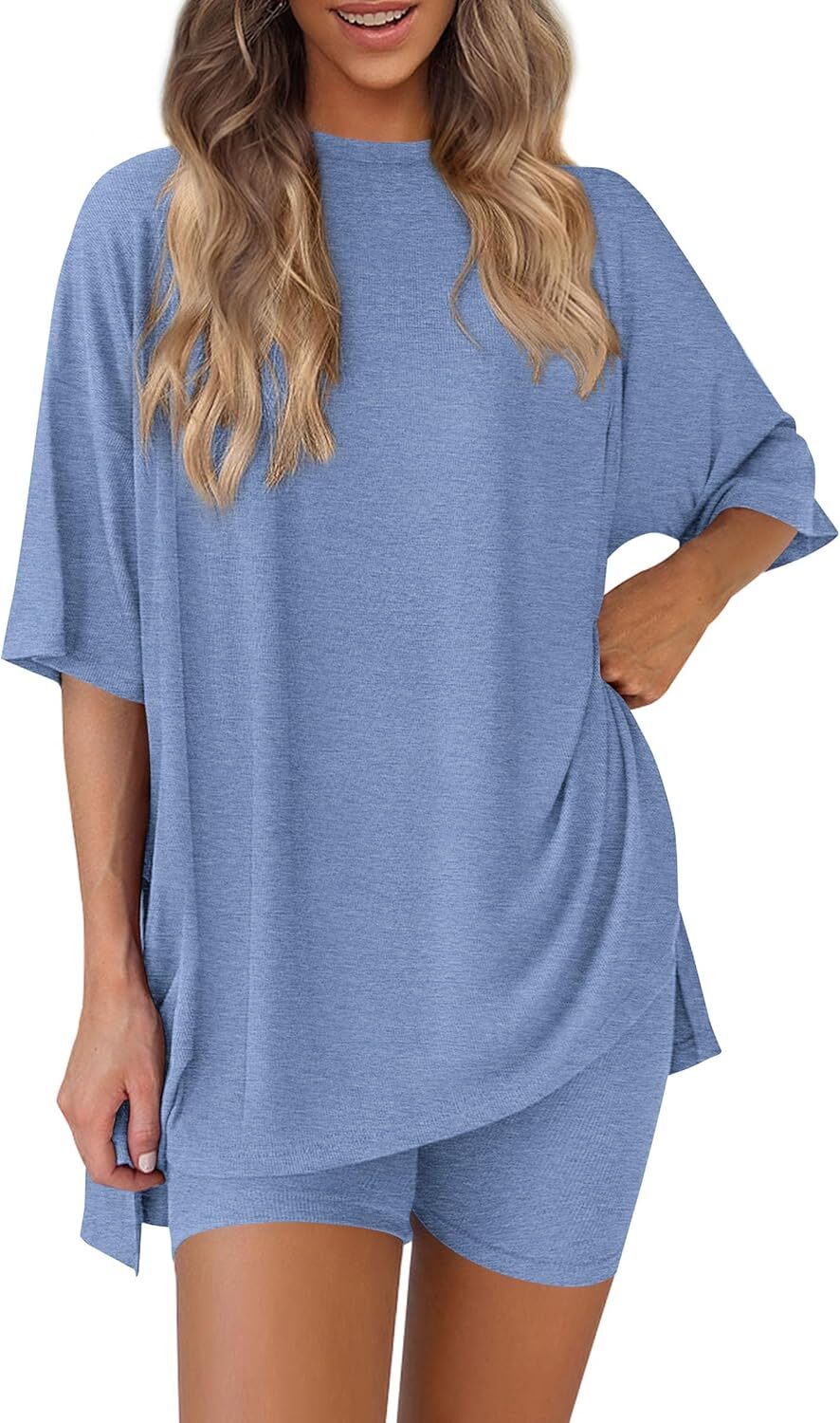 Special Sale❤️Women's Two Piece Lounge Set 2026 Summer Casual Oversized Shirts  Biker Shorts Matching Airport Travel Outfit