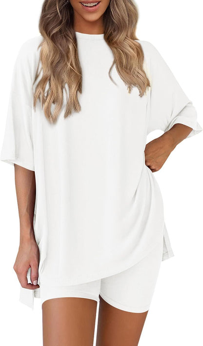 Special Sale❤️Women's Two Piece Lounge Set 2026 Summer Casual Oversized Shirts  Biker Shorts Matching Airport Travel Outfit