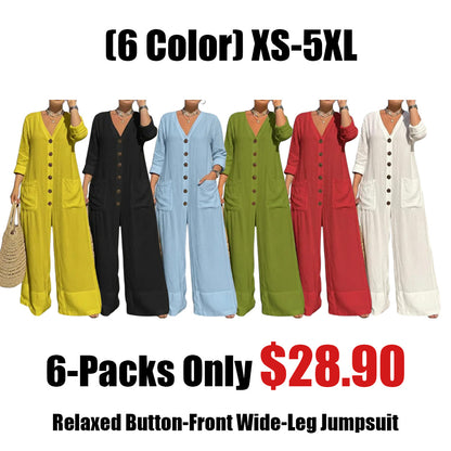 New Arrivals 🔥 Relaxed Button-Front Wide-Leg Jumpsuit