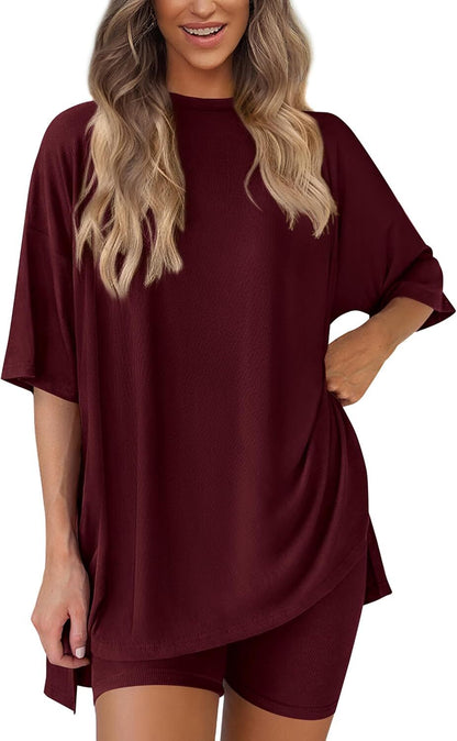 Special Sale❤️Women's Two Piece Lounge Set 2026 Summer Casual Oversized Shirts  Biker Shorts Matching Airport Travel Outfit