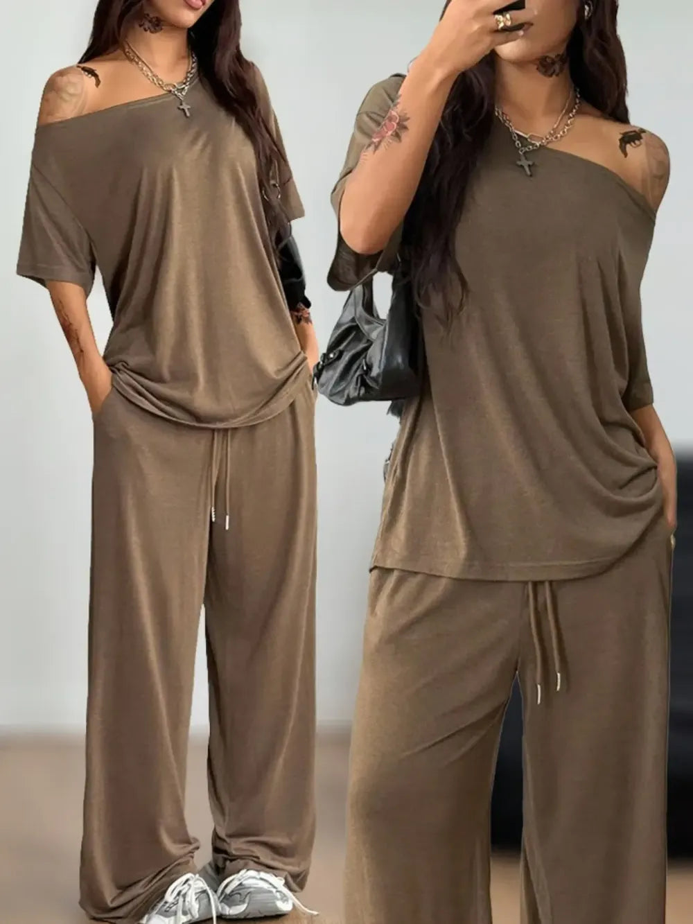 Women's Casual Solid Color Sport Two-Piece Set, Loose Long Pants & Wide Leg Slant Neck Pant Suit