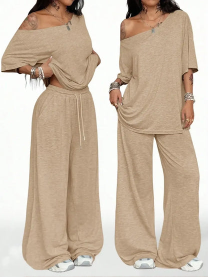 Women's Casual Solid Color Sport Two-Piece Set, Loose Long Pants & Wide Leg Slant Neck Pant Suit