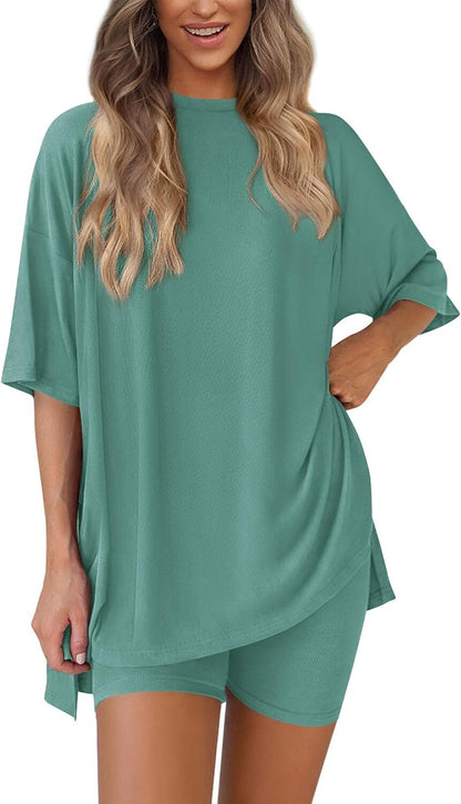 Special Sale❤️Women's Two Piece Lounge Set 2026 Summer Casual Oversized Shirts  Biker Shorts Matching Airport Travel Outfit