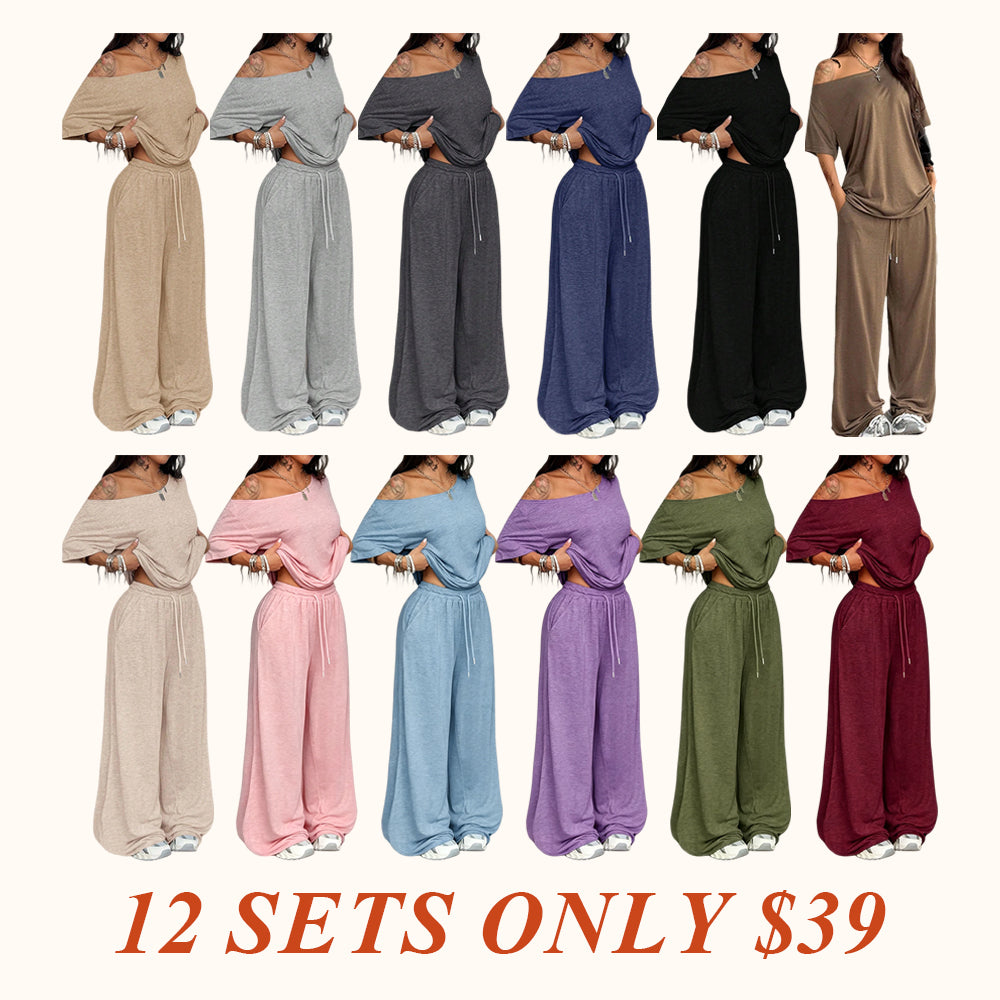 Women's Casual Solid Color Sport Two-Piece Set, Loose Long Pants & Wid