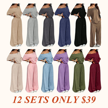 Women's Casual Solid Color Sport Two-Piece Set, Loose Long Pants & Wid