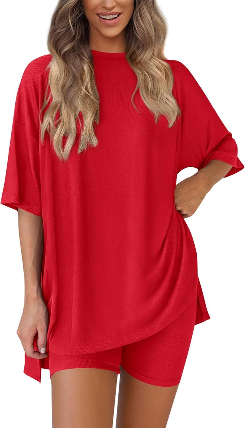 Special Sale❤️Women's Two Piece Lounge Set 2026 Summer Casual Oversized Shirts  Biker Shorts Matching Airport Travel Outfit