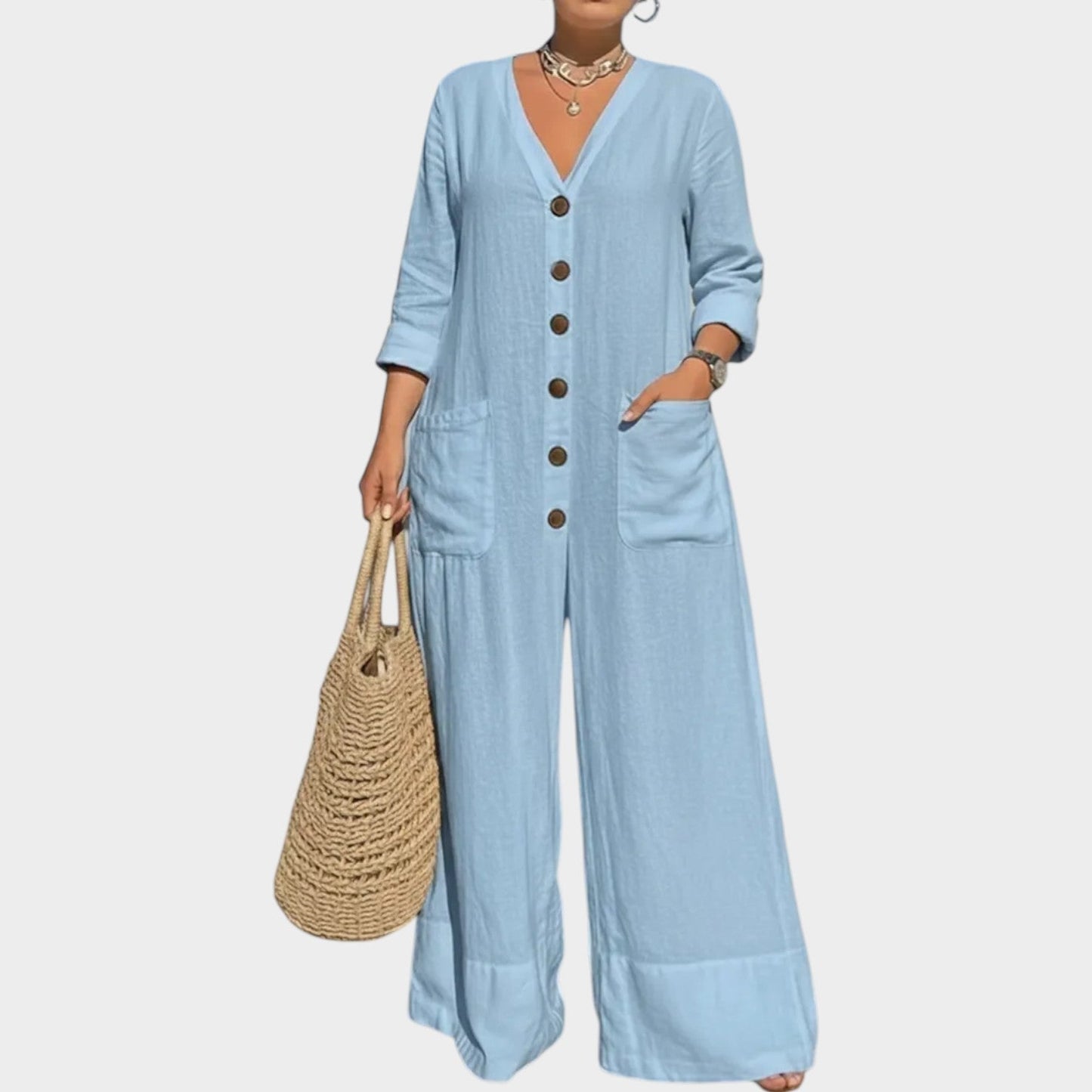 New Arrivals 🔥 Relaxed Button-Front Wide-Leg Jumpsuit