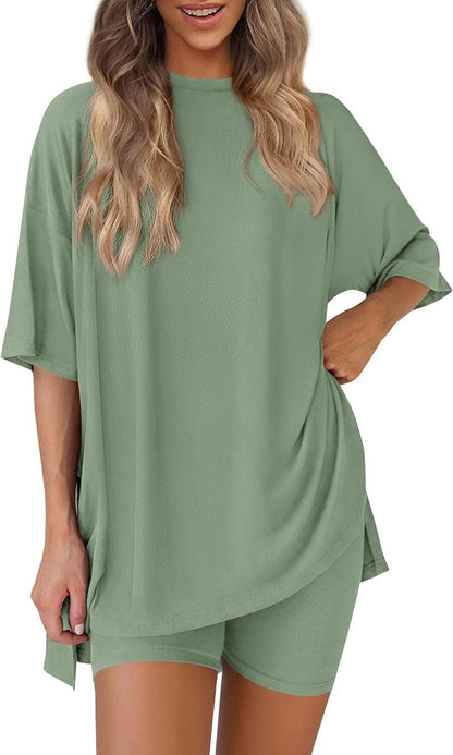 Special Sale❤️Women's Two Piece Lounge Set 2026 Summer Casual Oversized Shirts  Biker Shorts Matching Airport Travel Outfit