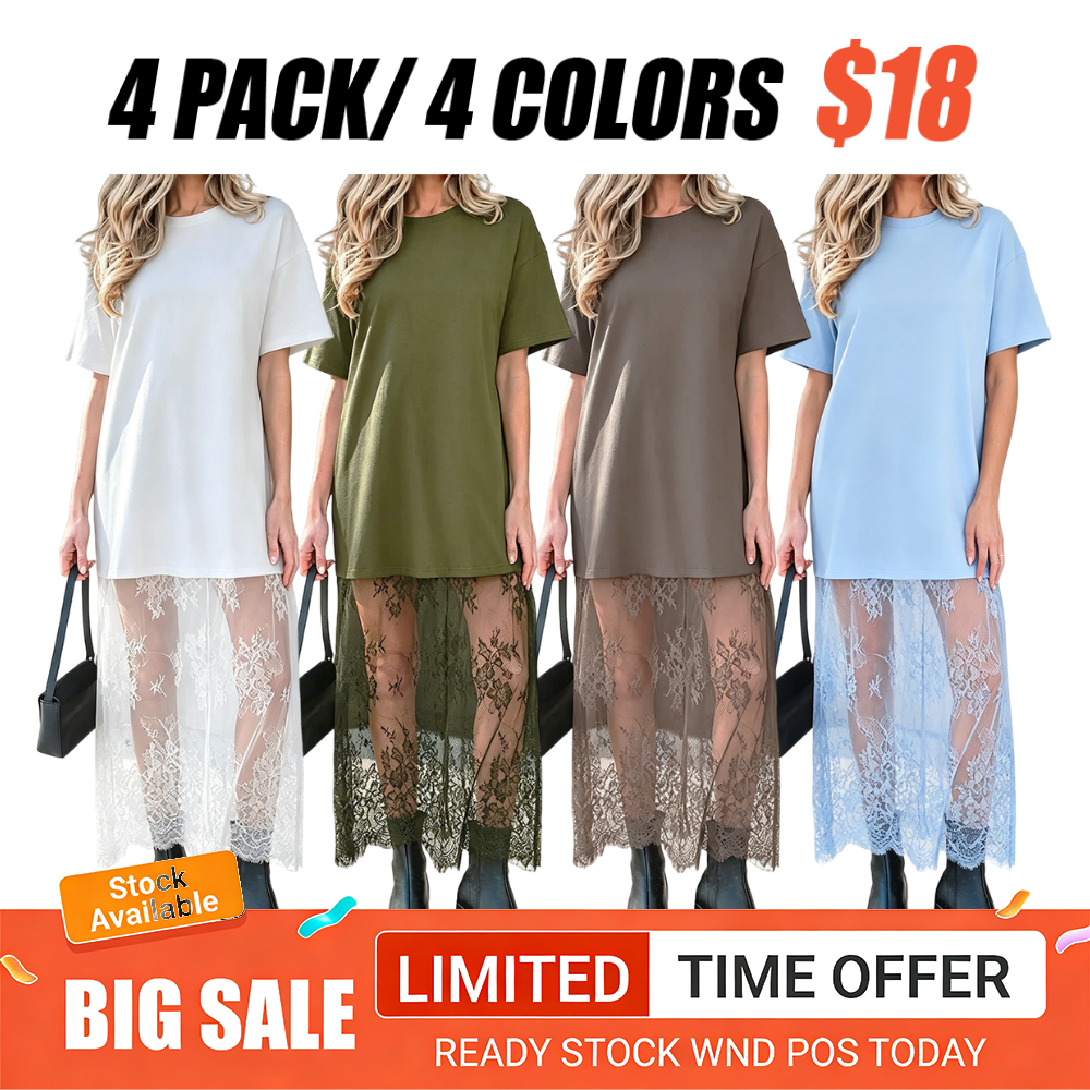 Women's Oversized T-Shirt Maxi Dress with Sheer Lace Hem Drop Shoulder