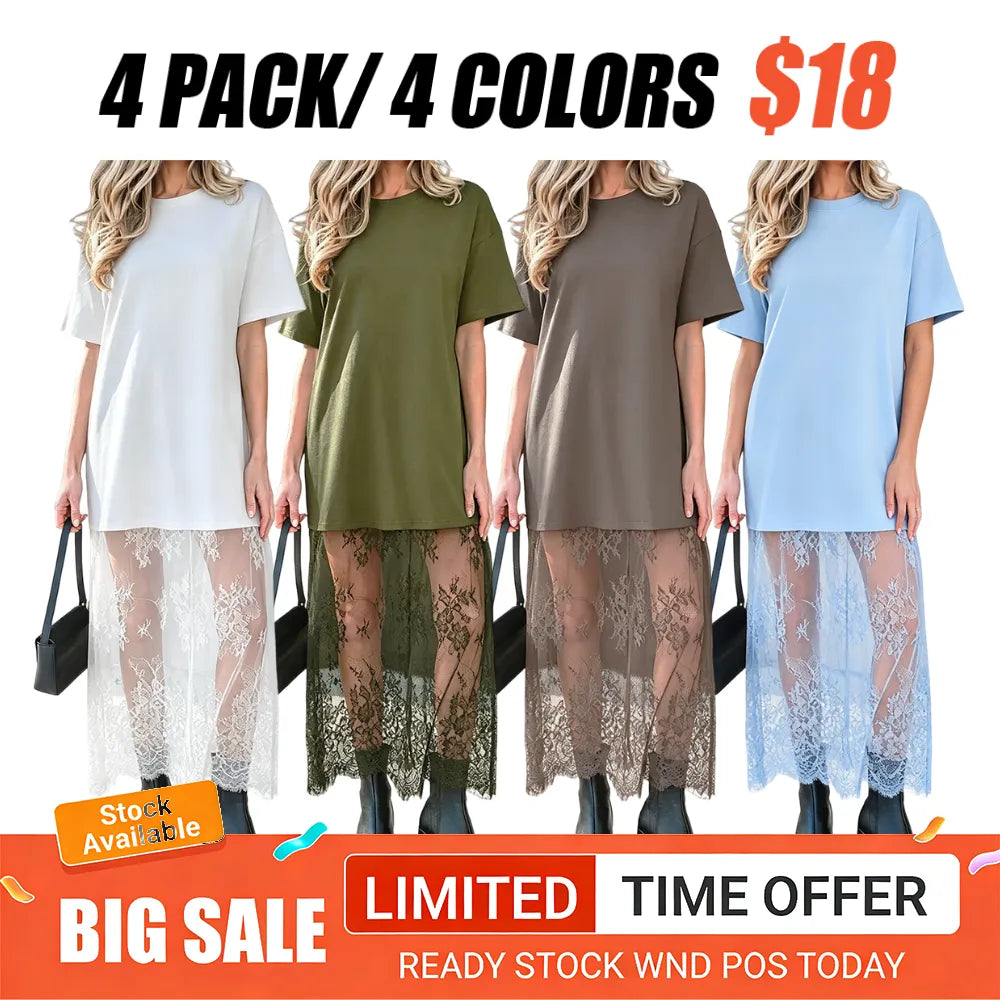 Women's Oversized T-Shirt Maxi Dress with Sheer Lace Hem Drop Shoulder Short Sleeve