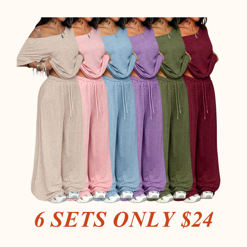 Women's Casual Solid Color Sport Two-Piece Set, Loose Long Pants & Wid