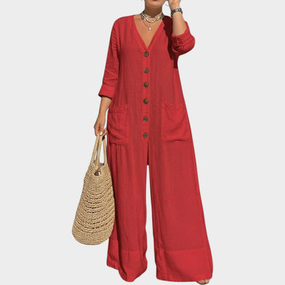New Arrivals 🔥 Relaxed Button-Front Wide-Leg Jumpsuit