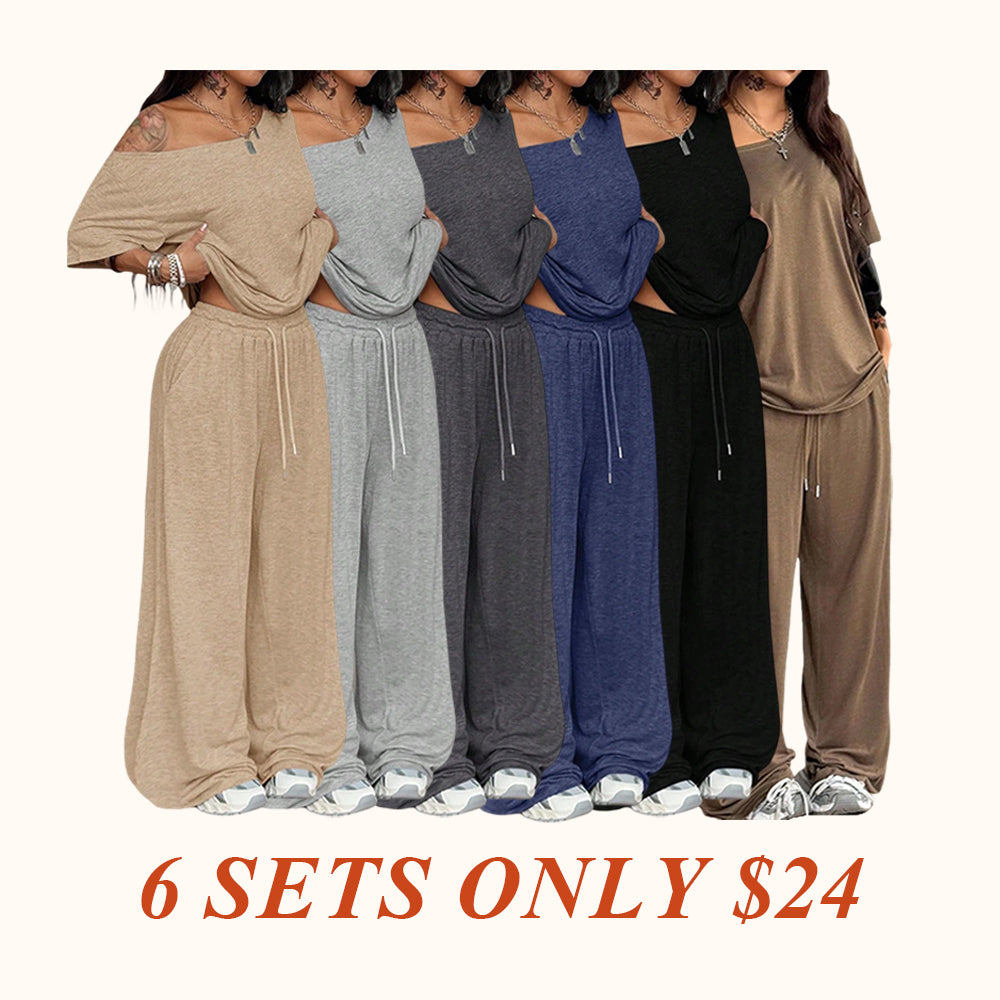 Women's Casual Solid Color Sport Two-Piece Set, Loose Long Pants & Wid