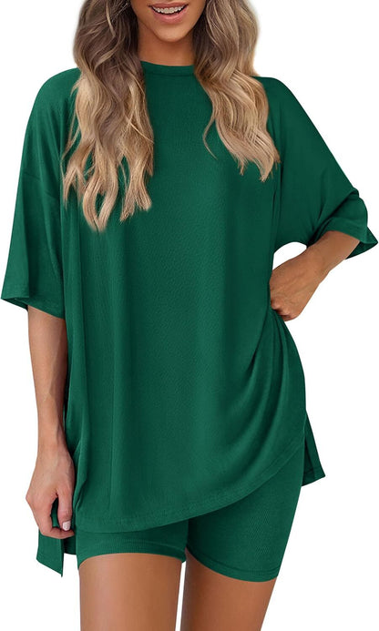 Special Sale❤️Women's Two Piece Lounge Set 2026 Summer Casual Oversized Shirts  Biker Shorts Matching Airport Travel Outfit