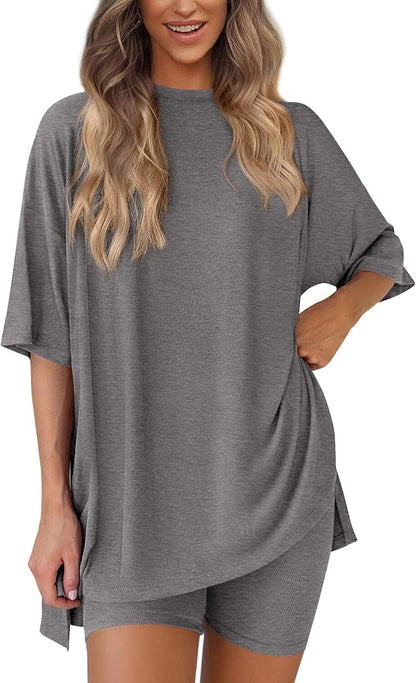 Special Sale❤️Women's Two Piece Lounge Set 2026 Summer Casual Oversized Shirts  Biker Shorts Matching Airport Travel Outfit
