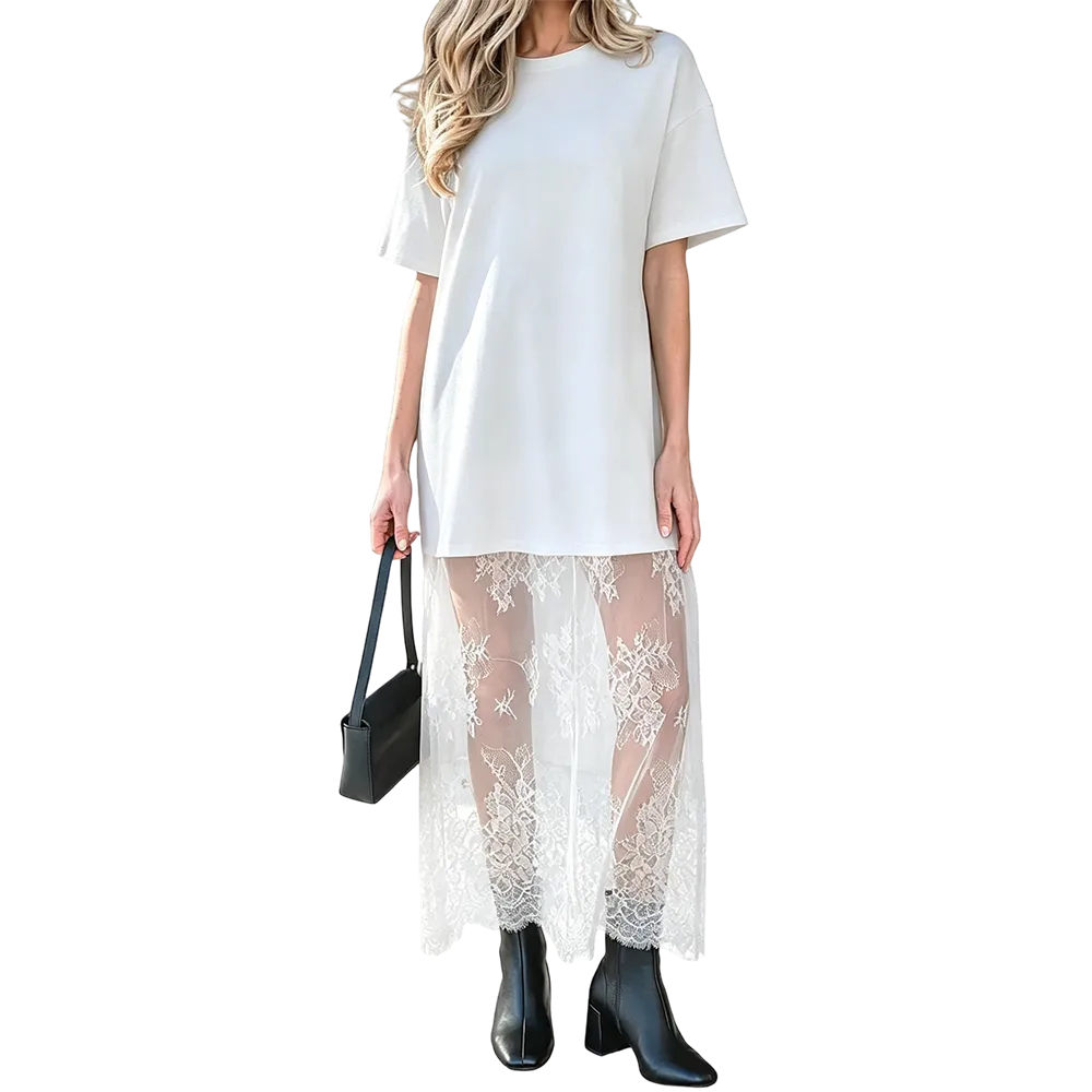 Women's Oversized T-Shirt Maxi Dress with Sheer Lace Hem Drop Shoulder Short Sleeve