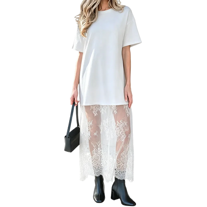 Women's Oversized T-Shirt Maxi Dress with Sheer Lace Hem Drop Shoulder Short Sleeve