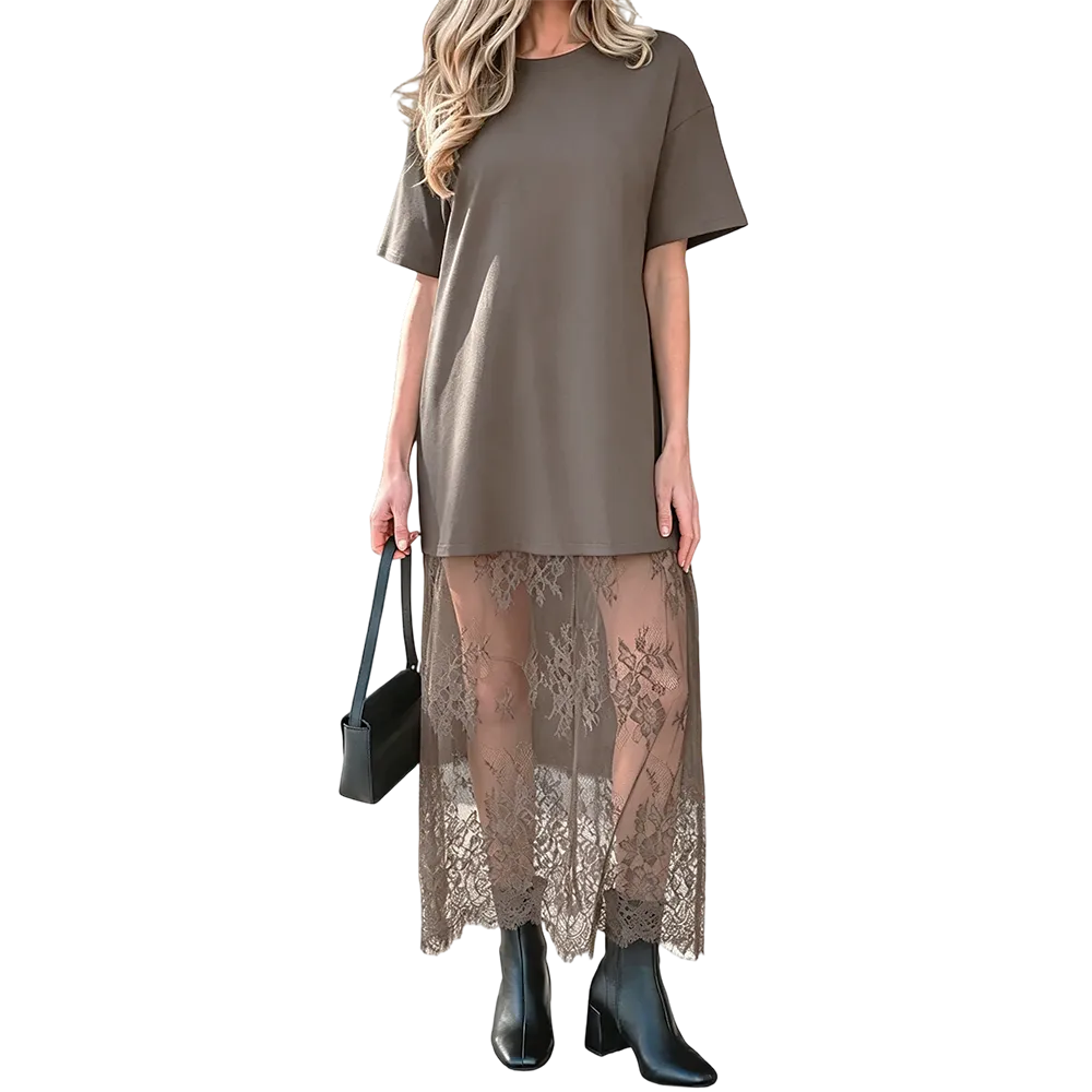 Women's Oversized T-Shirt Maxi Dress with Sheer Lace Hem Drop Shoulder Short Sleeve
