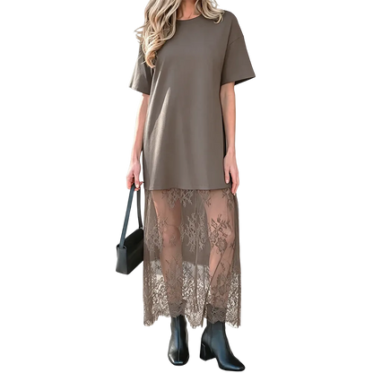 Women's Oversized T-Shirt Maxi Dress with Sheer Lace Hem Drop Shoulder Short Sleeve