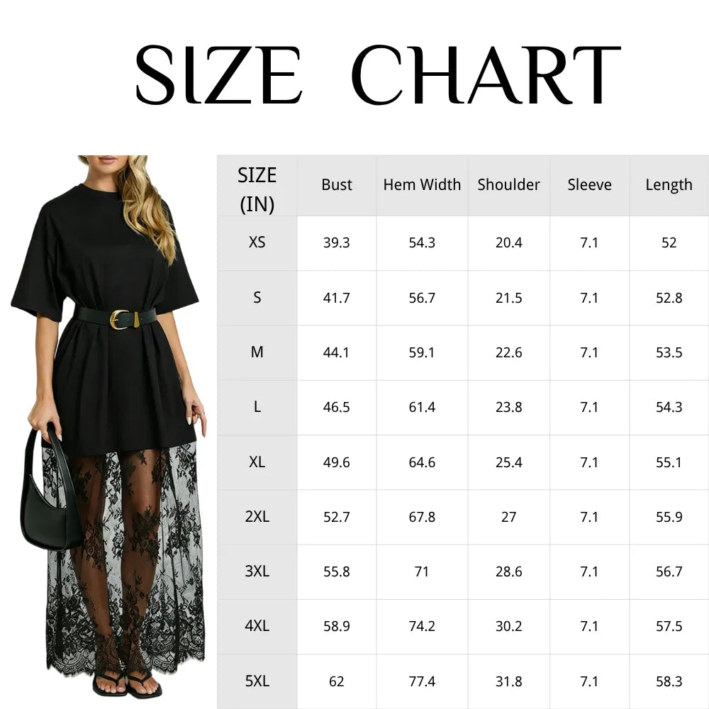 Women's Oversized T-Shirt Maxi Dress with Sheer Lace Hem Drop Shoulder Short Sleeve
