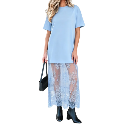 Women's Oversized T-Shirt Maxi Dress with Sheer Lace Hem Drop Shoulder Short Sleeve