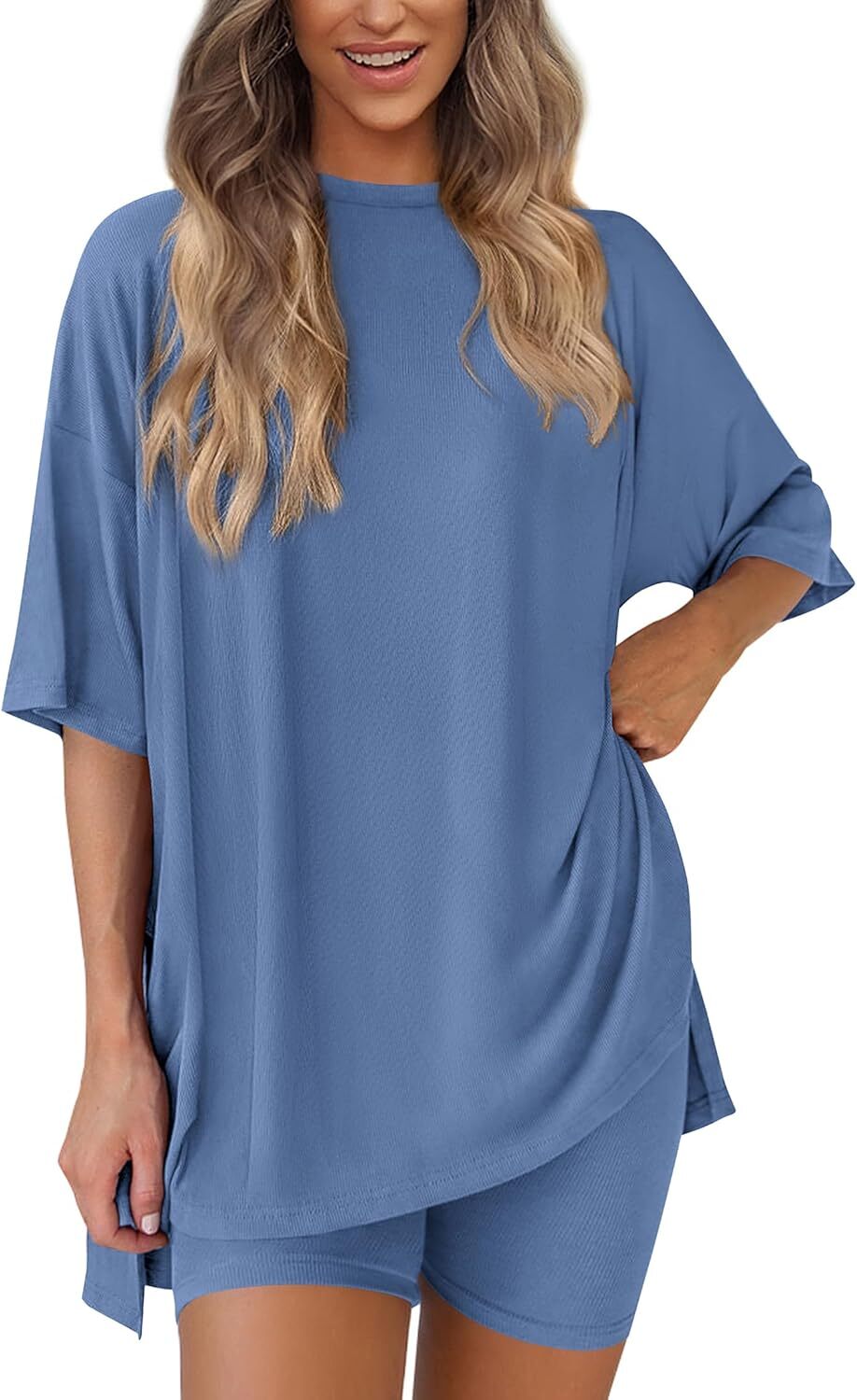 Special Sale❤️Women's Two Piece Lounge Set 2026 Summer Casual Oversized Shirts  Biker Shorts Matching Airport Travel Outfit
