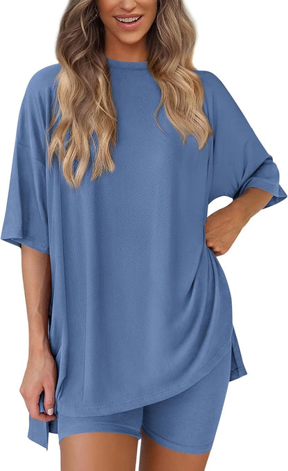 Special Sale❤️Women's Two Piece Lounge Set 2026 Summer Casual Oversized Shirts  Biker Shorts Matching Airport Travel Outfit