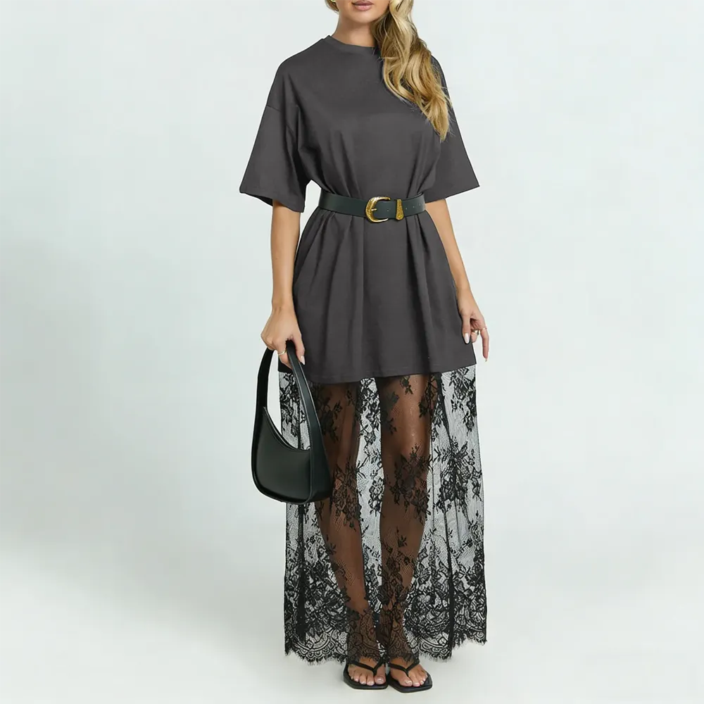 Women's Oversized T-Shirt Maxi Dress with Sheer Lace Hem Drop Shoulder Short Sleeve