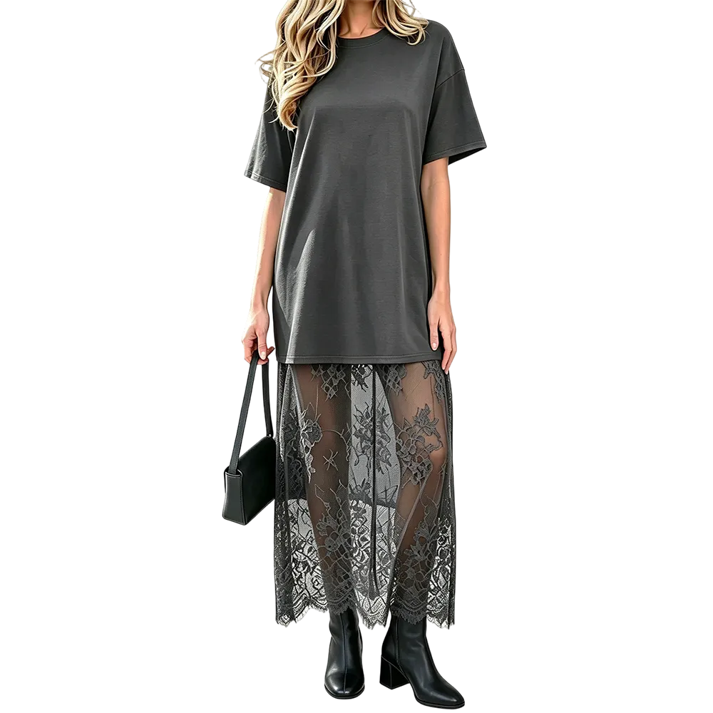 Women's Oversized T-Shirt Maxi Dress with Sheer Lace Hem Drop Shoulder Short Sleeve