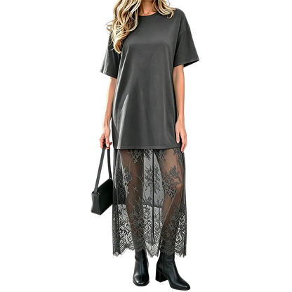 Women's Oversized T-Shirt Maxi Dress with Sheer Lace Hem Drop Shoulder Short Sleeve