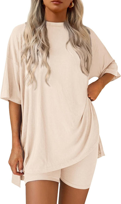 Special Sale❤️Women's Two Piece Lounge Set 2026 Summer Casual Oversized Shirts  Biker Shorts Matching Airport Travel Outfit