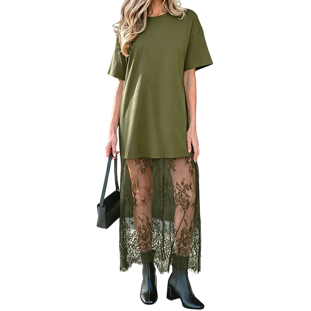Women's Oversized T-Shirt Maxi Dress with Sheer Lace Hem Drop Shoulder Short Sleeve