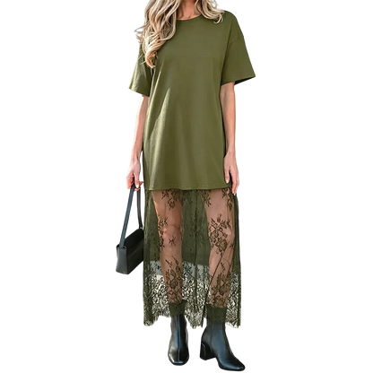 Women's Oversized T-Shirt Maxi Dress with Sheer Lace Hem Drop Shoulder Short Sleeve